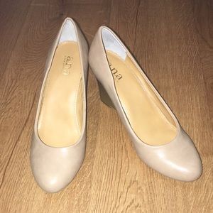 Nude wedges with cute wood-looking heels!